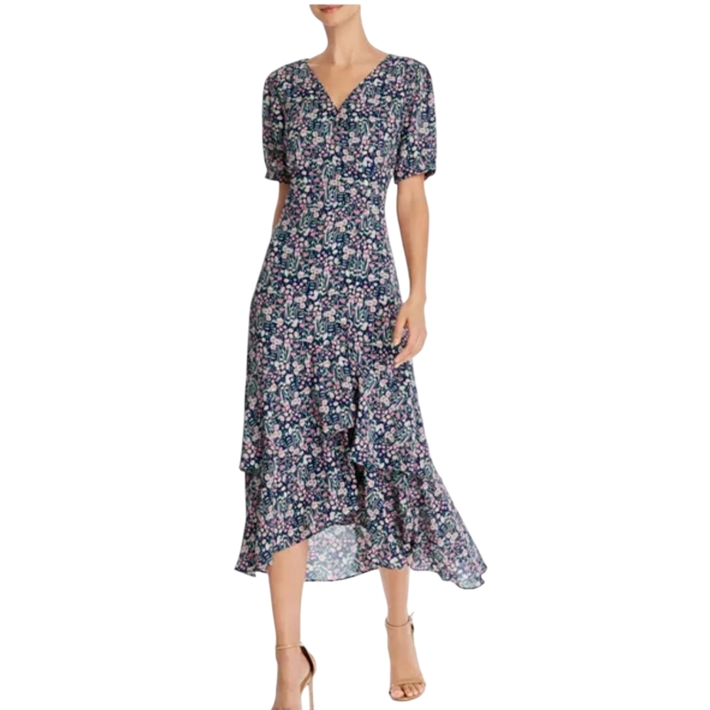 Nanette‎ Lepore Women's Floral Wrap Ruffle Asymmetrical Boho Dress size 8 Office